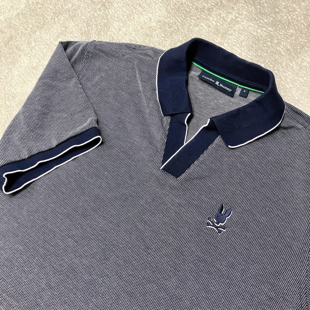 Psycho Bunny Polo Shirt Open Johnny Collar Blue Micro Pattern Peru Mens 6 / XL